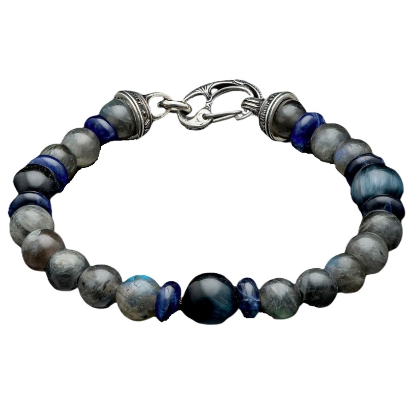 William Henry Magician 10 mm  Tibetan Agate/Blue Sodalite Roundel Bracelet Features A Palette Of Blues & Grays Including Labradorite Sodalite Beads with  Blue Tiger Eye